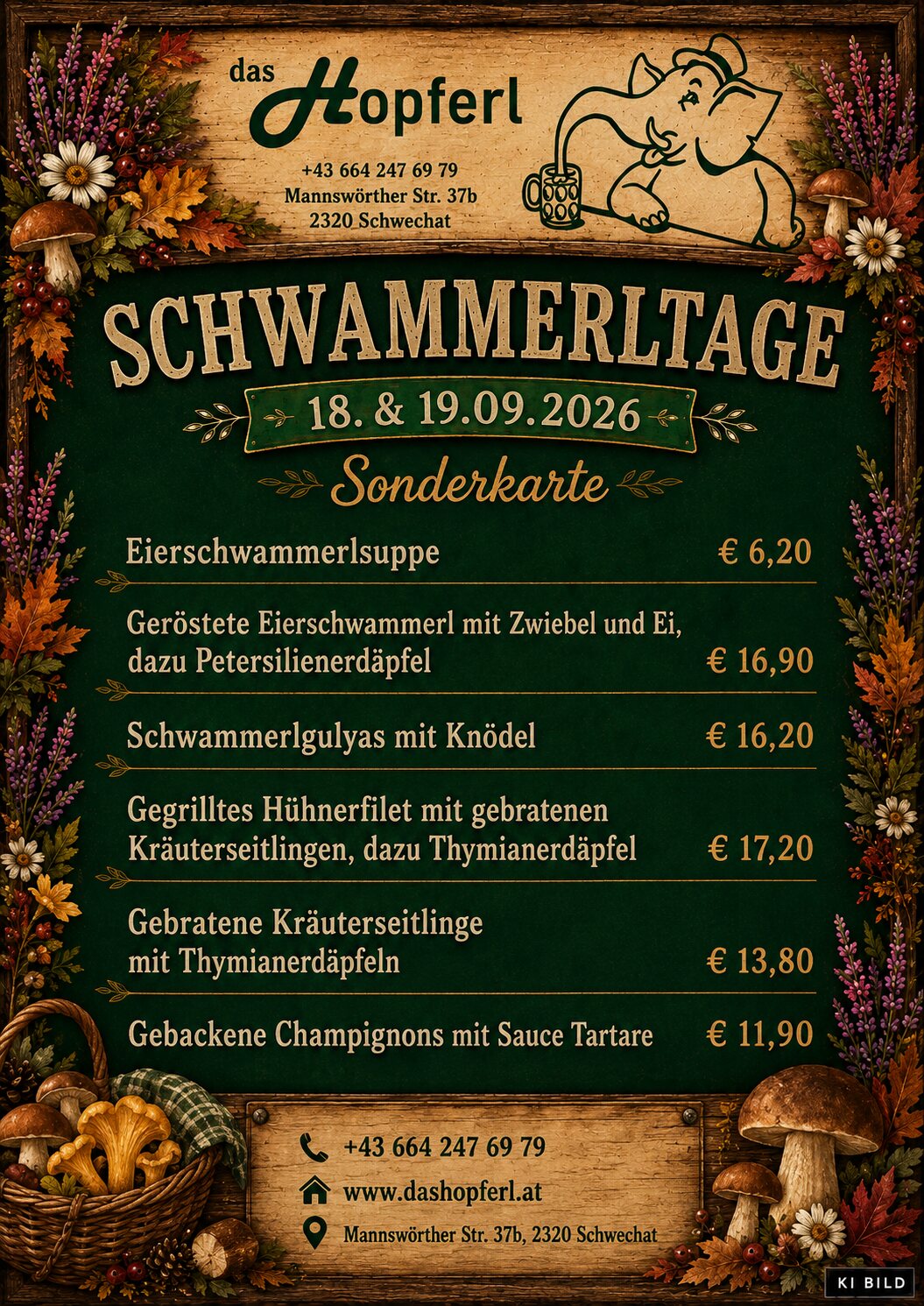 Flyer der Schwammerltage: Freitag, 18. September 2026 ab 17:00 Uhr und Samstag, 19. September 2026 ab 11:00 Uhr